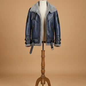 Men's B6 Bomber Aviator RAF Real Sheepskin Grey Shearling Blue Leather Jacket