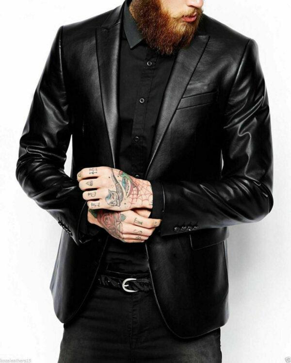MEN’S GENUINE REAL LEATHER BLAZER TWO BUTTON SLIM FIT COAT