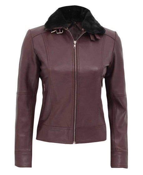 Women’s Ancoma Brown Nappa Leather Jacket with Detachable Real Shearling Fur Collar