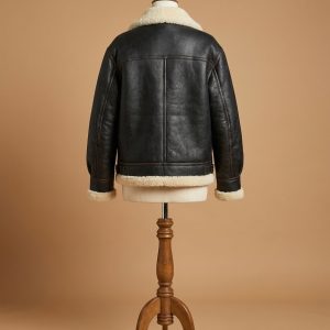 Kim Kardashian Aviator Pilot Real Sheepskin Shearling Black Leather Jacket back