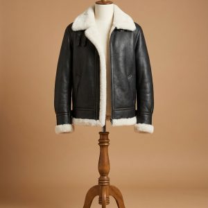 Kim Kardashian Aviator Pilot Real Sheepskin Shearling Black Leather Jacket