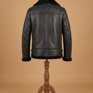 Men's Bomber B6 Pilot Aviator Real Sheepskin Shearling Double Collar Black Leather Jacket back