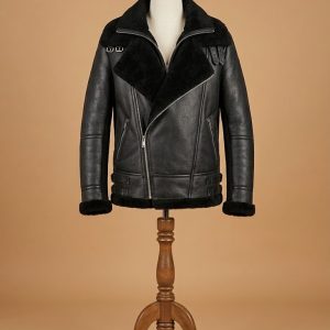 Men's Bomber B6 Pilot Aviator Real Sheepskin Shearling Double Collar Black Leather Jacket