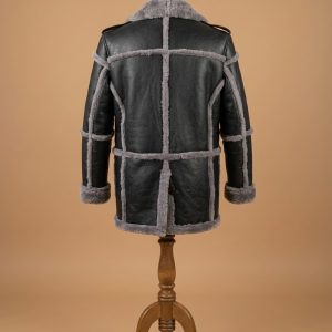 Men's Anti Grey Fur Black Real Sheepskin Bomber Leather Duffle Coat back