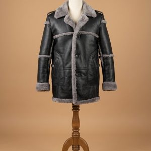 Men’s Anti Grey Fur Black Real Sheepskin Bomber Leather Duffle Coat