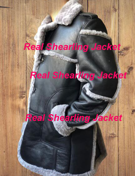 Men's Anti Winter Grey Fur Black Real Sheepskin bomber Leather Duffle Coat 1