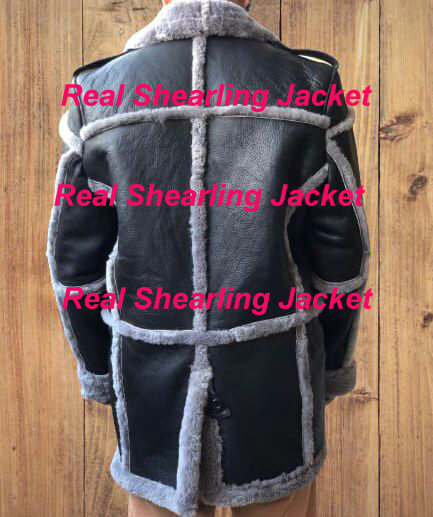 Men's Anti Winter Grey Fur Black Real Sheepskin bomber Leather Duffle Coat 2