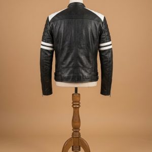 Men's Brando Biker White and Black Vintage Motorcycle Real Leather Jacket back
