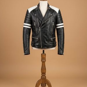 Men’s Brando Biker White and Black Vintage Motorcycle Real Leather Jacket