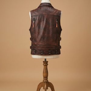 Men's Vintage Brown Motorcycle Vest Cowhide Riding Sleeveless Jacket back