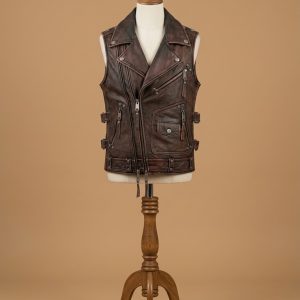 Men’s Vintage Brown Motorcycle Vest Cowhide Riding Sleeveless Jacket