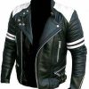Men Brando Classic Biker White and Black Vintage Motorcycle Real Leather Jacket