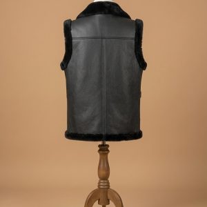 Men's Bomber Real Sheepskin Shearling Pilot Aviator Black Leather Vest back