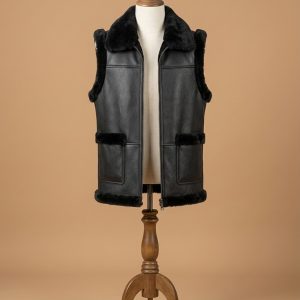 Men’s Bomber Real Sheepskin Shearling Pilot Aviator Black Leather Vest