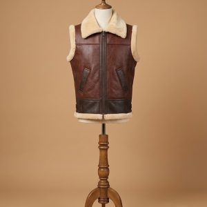 Men’s Bomber Real Sheepskin Shearling Pilot Aviator Brown Leather Vest