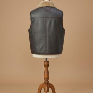 Men's Bomber Real Sheepskin Shearling Pilot Aviator Choco Brown Leather Vest back