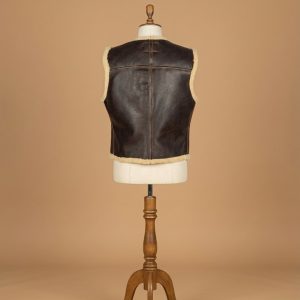 Men's Bomber Real Sheepskin Shearling Pilot Aviator Dark Brown Leather Vest back