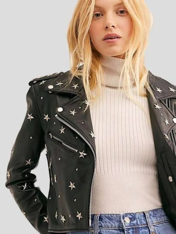 Women Star Studded Cafe Racer Biker Cropped Black Leather Jacket