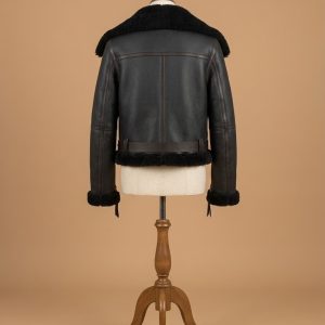 Women's B6 Bomber Aviator Real Fur Sheepskin Shearling Black Leather Jacket back