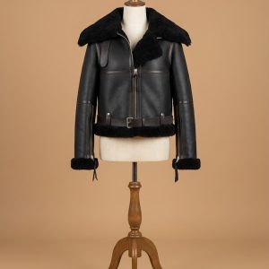Women's B6 Bomber Aviator Real Fur Sheepskin Shearling Black Leather Jacket