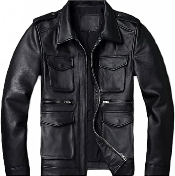 Mens Biker Cafe Racer Vintage Classic Retro Pocket Slim Fit Black Leather Jacket