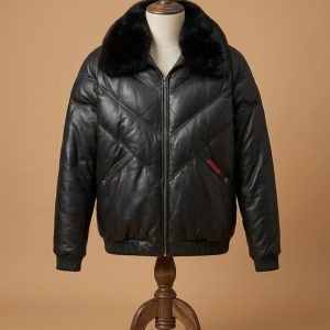 Black Leather V-Bomber Jacket with Black Fox Fur Lambskin leather Puffer Jacket