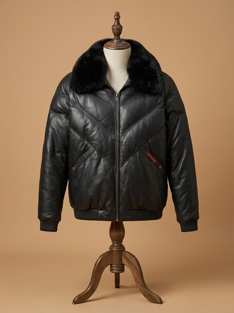 Black V Bomber Leather Jacket view 1