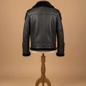 Men's B6 Bomber Real Duty Sheepskin Shearling Leather Black Jacket back