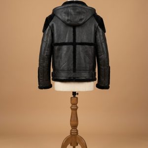 Men's B6 Bomber Real Sheepskin Shearling Leather Raccoon Black Jacket back