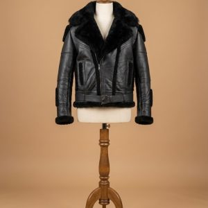Men's B6 Bomber Real Sheepskin Shearling Leather Raccoon Black Jacket