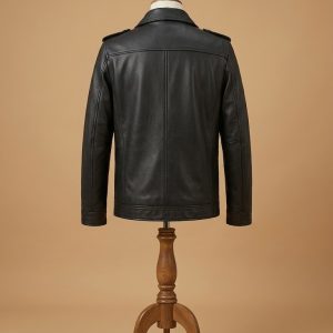 Men's Biker Cafe Racer Vintage Pocket Slim Fit Black Leather Jacket back