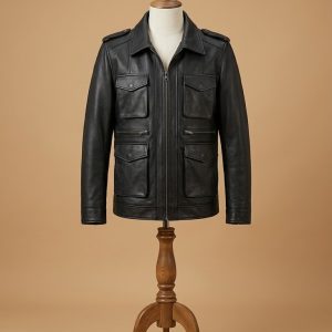 Men's Biker Cafe Racer Vintage Pocket Slim Fit Black Leather Jacket