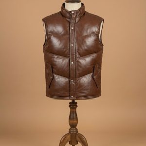 Men's Puffer Brown Leather Vest Genuine Sheepskin Warm Winter Padded Casual Vest