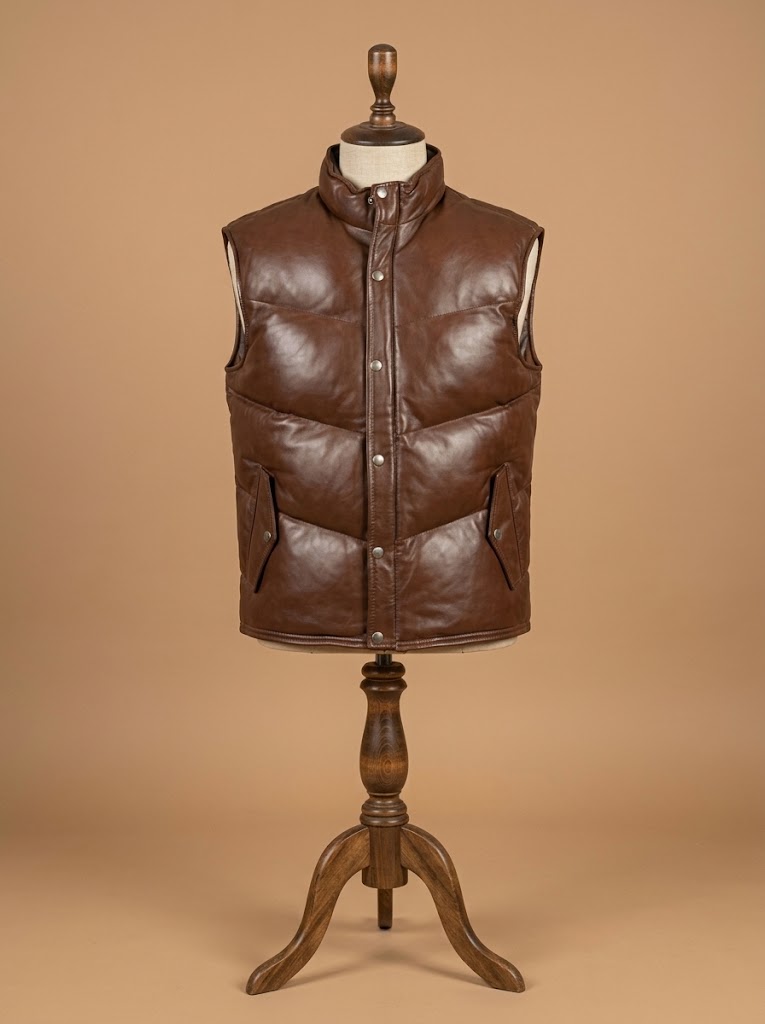 Men's Puffer Brown Leather Vest Genuine Sheepskin Warm Winter Padded