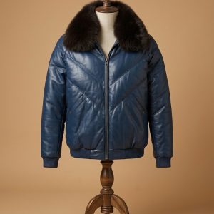Men's V-Bomber Sheep Leather Faux Down Goose Bomber Jacket with Fox Fur Collar
