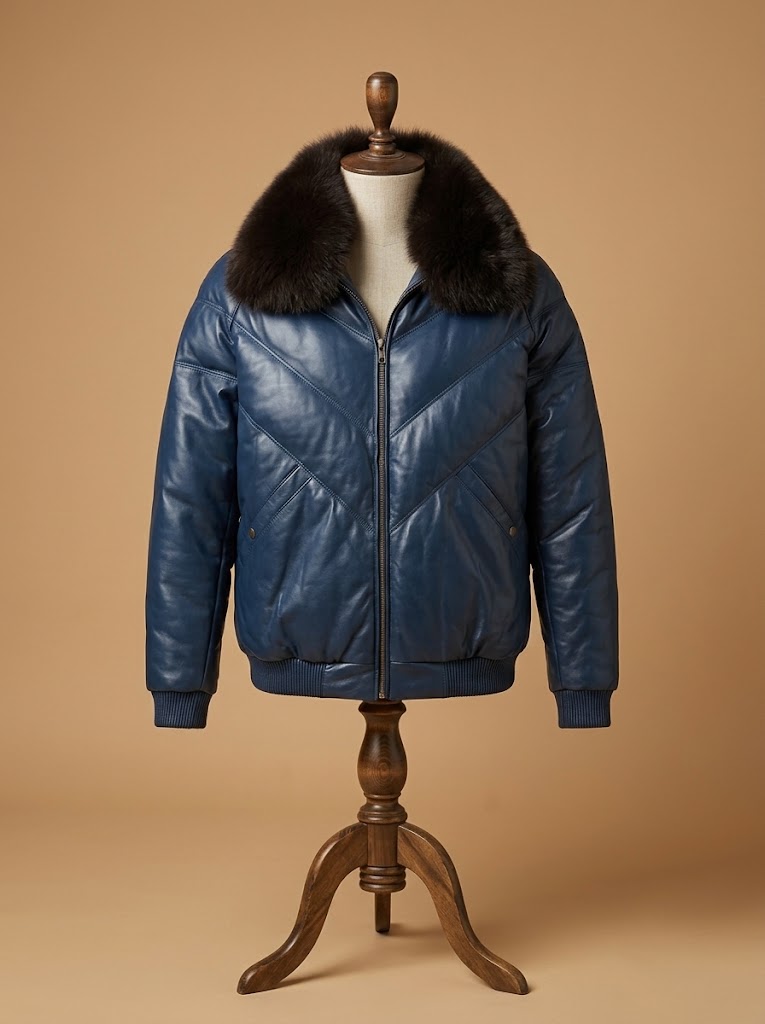 Men's V-Bomber Sheep Leather Faux Down Goose Bomber Jacket with Fox Fur Collar