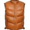 Men's Puffer Leather Vest Genuine Sheepskin Warm Winter Padded Casual Vest