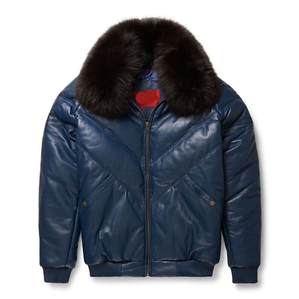 Men's V-Bomber Sheep Leather Faux Down Goose Bomber Jacket with Fox Fur Collar