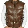 Men's Puffer Brown Leather Vest Genuine Sheepskin Warm Winter Padded Casual Vest