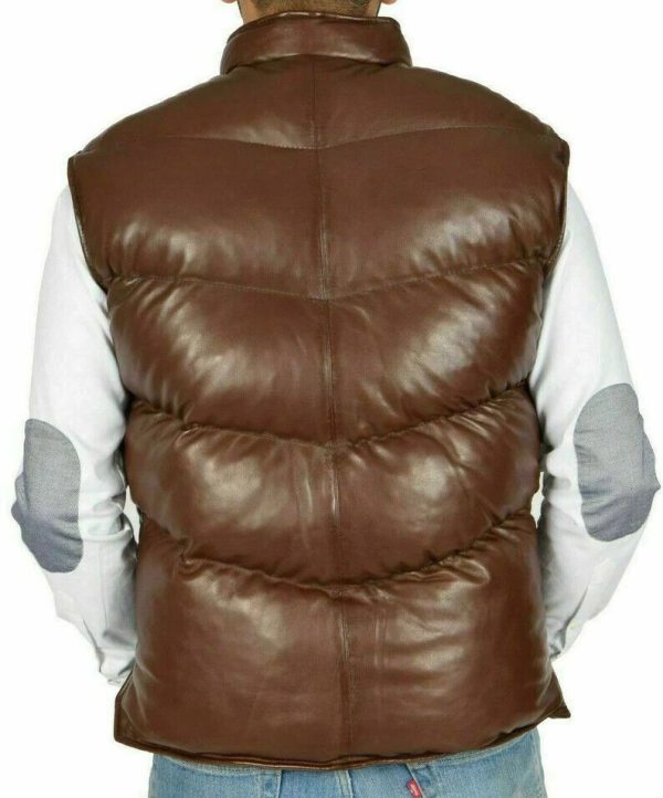 Men's Puffer Brown Leather Vest Genuine Sheepskin Warm Winter Padded Casual Vest B