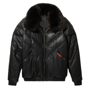 Black Leather V-Bomber Jacket with Black Fox Fur Lambskin leather Puffer Jacket
