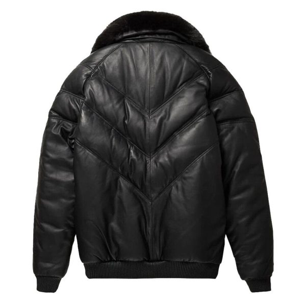 Black Leather V-Bomber Jacket with Black Fox Fur Lambskin leather Puffer Jacket b
