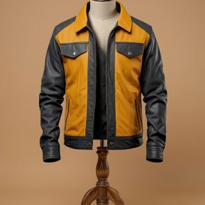 Men’s Mustard Charcoal Grey Real Sheepskin Classic Trucker Biker Leather Jacket