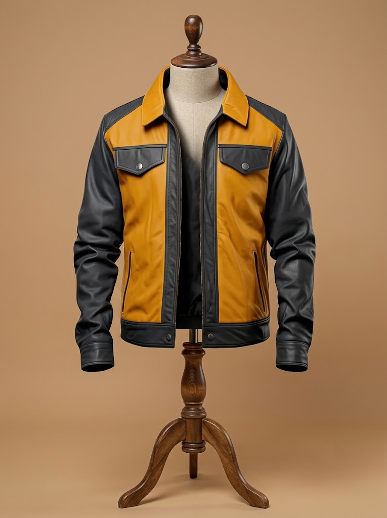 Men's Mustard Charcoal Grey Real Sheepskin Trucker Biker Leather Jacket