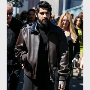 Zayn Malik Off White Show Bomber Aviator Oversized Brown Black Leather Jacket