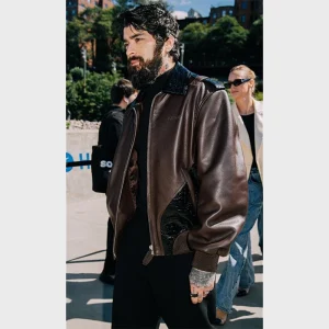 Zayn Malik Off White Show Bomber Aviator Oversized Brown Black Leather Jacket 1