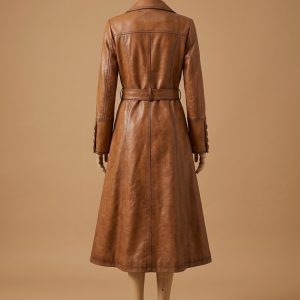 Italian Overcoat Real Leather Trench Sashes Belt Wax Tan Long Coat back