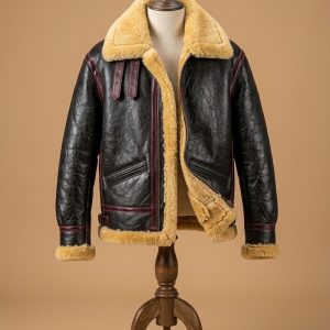 Men B3 USAF Aviator Real Shearling Black Sheepskin Leather Flight Bomber Jacket