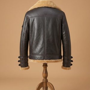 Men's B6 Aviator Bomber Real Shearling Brown Sheepskin Leather Jacket back