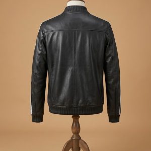Men's Bomber Real Sheepskin White Strips SlimFit Cafe Racer Black Leather Jacket back